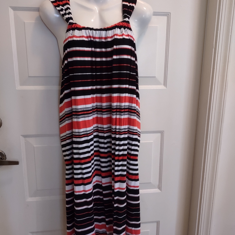 "SPENSE" STRIPED CORAL, BLACK & WHITE MIDI,